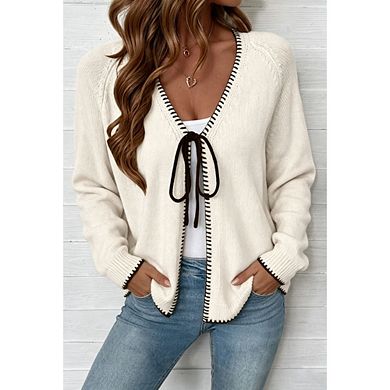 Women's Open Front Knit Sweater Cardigan, Contrast Stitch Binding Tie Front Long Sleeve Outerwear