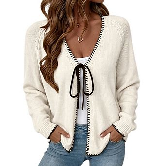 Women's Open Front Knit Sweater Cardigan, Contrast Stitch Binding Tie Front Long Sleeve Outerwear