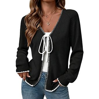 Women's Open Front Knit Sweater Cardigan, Contrast Stitch Binding Tie Front Long Sleeve Outerwear