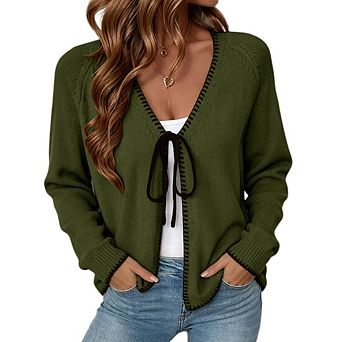 Women's Open Front Knit Sweater Cardigan, Contrast Stitch Binding Tie Front Long Sleeve Outerwear