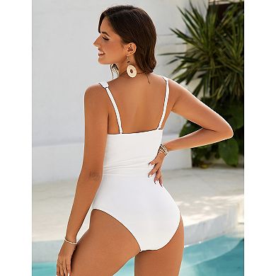 One Piece Swimsuit Twist Front V Neck Bathing Suit Adjustable Strap Tummy Control Swimwear