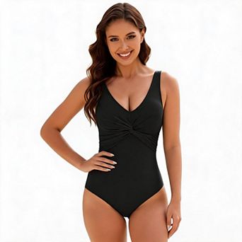 One Piece Swimsuit Twist Front V Neck Bathing Suit Adjustable Strap Tummy Control Swimwear