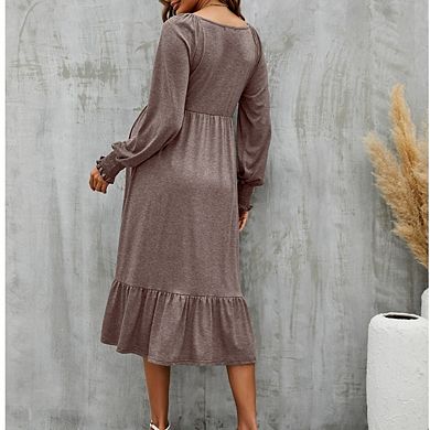 Womens Maternity Solid Color Long Sleeve Flowy Midi Dress