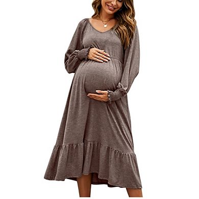 Womens Maternity Solid Color Long Sleeve Flowy Midi Dress