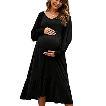 Womens Maternity Solid Color Long Sleeve Flowy Midi Dress