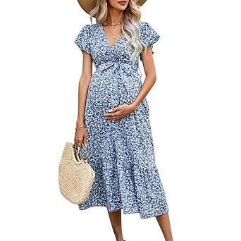 Women's Maternity V-Neck Cap Sleeve Midi Dress for Baby Shower
