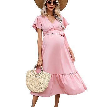 Women's Maternity V-Neck Cap Sleeve Midi Dress for Baby Shower