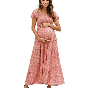 Women's Maternity Casual Short Flutter Sleeve Square Neck High Waist Tiered Boho Flowy Dress