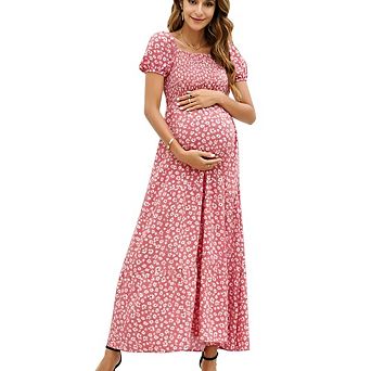 Women's Maternity Casual Short Flutter Sleeve Square Neck High Waist Tiered Boho Flowy Dress