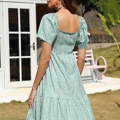 Women's Maternity Square Neck Short Sleeve Smocked Boho Ruffle Casual Midi Dress