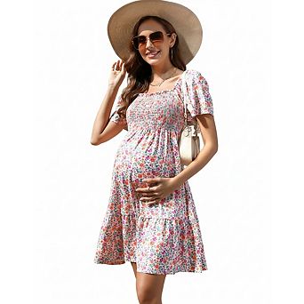 Women's Maternity Square Neck Short Sleeve Smocked Boho Ruffle Casual Midi Dress