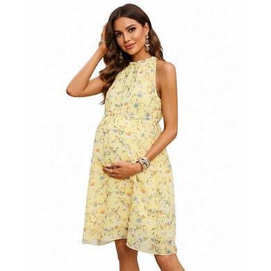 Women's Maternity Wrap Ruffle Round Neck Sleeveless Floral Dress