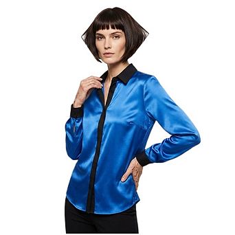 Women's Satin Long Sleeve Shirt, Contrast Collar Button Down Elegant Blouse for Office
