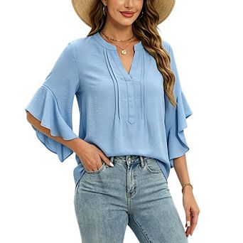Women's3/4 Sleeve Split V Neck Pleated Front Blouse Tiered Flounce Loose Casual Shirt