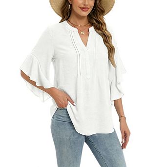 Women's3/4 Sleeve Split V Neck Pleated Front Blouse Tiered Flounce Loose Casual Shirt