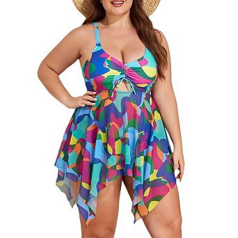 Plus Size Women Two Piece Swim Dress with Shorts Flowy Swimsuits Tummy Control Bathing Suits