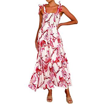 Women's Floral Tie Shoulder Cami Dress Smocked Tiered Flowy Maxi Sundress for Vacation
