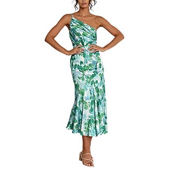 Women's One Shoulder Spaghetti Strap Floral Print Ruched Flared Hem Midi Slip Dress