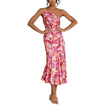 Women's One Shoulder Spaghetti Strap Floral Print Ruched Flared Hem Midi Slip Dress