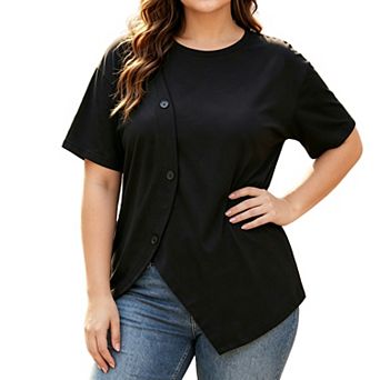Plus Size Women Irregular Hem Short Sleeve T Shirt Crew Neck Casual Loose Fit Basic Tee Tops