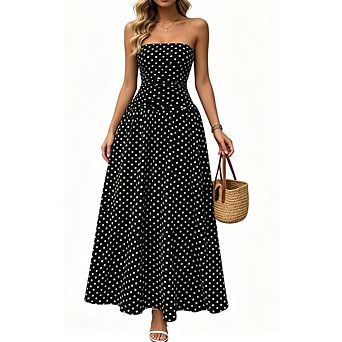 Women's Strapless Polka Dot Ruched Waist Flowy A Line Maxi Dress