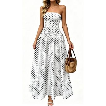 Women's Strapless Polka Dot Ruched Waist Flowy A Line Maxi Dress