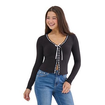 Juniors' madden girl Long Sleeve Ribbon Crochet Trim V-Neck Top