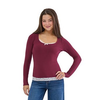 Juniors' madden girl Lace Insert Long Sleeve Deep Scoop Neck Top