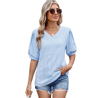 Women's Eyelet Embroidery Short Sleeve Blouse, Summer Beach Vacation Casual Top Tee