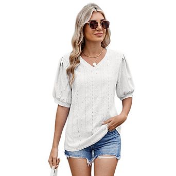 Women's Eyelet Embroidery Short Sleeve Blouse, Summer Beach Vacation Casual Top Tee