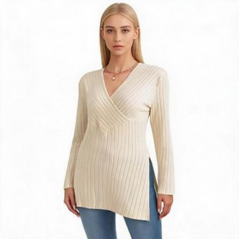 Women's V Neck Ribbed Knit Sweater, Slim Fit Long Sleeve Side Slit Casual Top