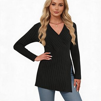 Women's V Neck Ribbed Knit Sweater, Slim Fit Long Sleeve Side Slit Casual Top