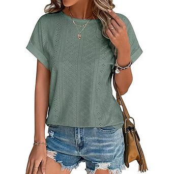 Women's Short Sleeve Tops Round Neck Eyelet Embroidery Casual Daily Wear Fashion Blouses