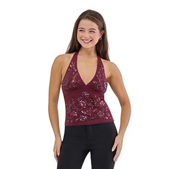 Juniors' madden girl Beaded Mesh Tie Neck Halter Tank Top Shirt