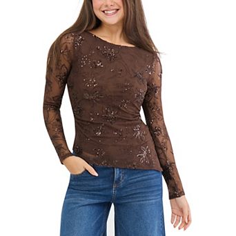 Juniors' madden girl Long Sleeve Asymmetrical Sequin Lace Side Ruched Top