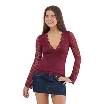 Juniors' madden girl Plunge Neck Bell Sleeve Lace Trim Top