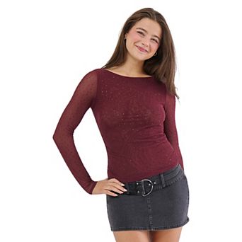 Juniors' madden girl Long Sleeve Side Ruched Boat Neck Top