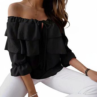 Women's Off Shoulder Ruffle Layered Tops Tie Front Casual Blouses for Vacation Daily Going Out