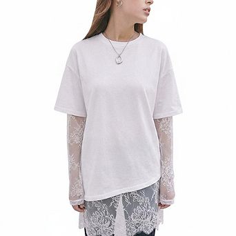 Women's Short Sleeve Lace Patchwork Tops Oversized Casual Blouses for Daily Wear Vacation Going Out