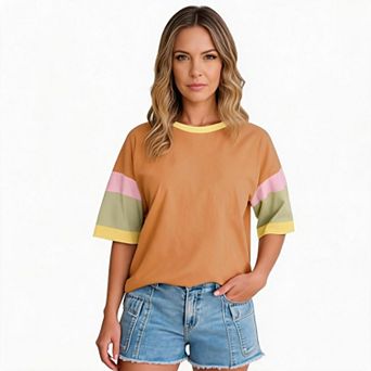 Women's Crew Neck Color Block Stitching T Shirt Loose Fit Short Sleeve Casual Top