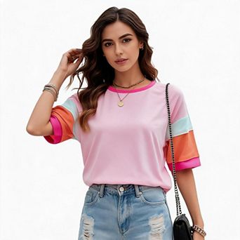 Women's Crew Neck Color Block Stitching T Shirt Loose Fit Short Sleeve Casual Top