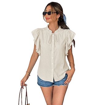 Women's Mock Neck Ruffle Short Sleeve Blouse, Dressy Casual Fashion Work Top Shirt