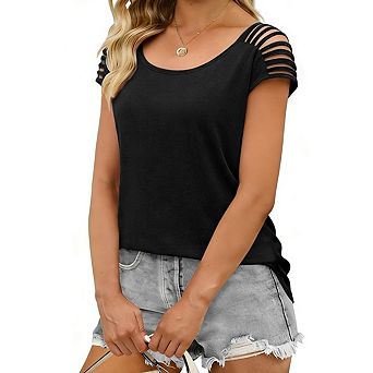 Women's Crewneck Cold Shoulder Tee, Cap Sleeve Trendy Casual Going Out Summer Top