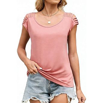 Women's Crewneck Cold Shoulder Tee, Cap Sleeve Trendy Casual Going Out Summer Top