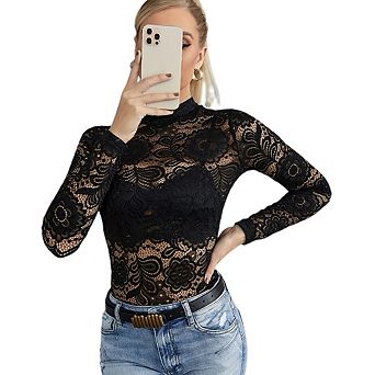 Women's Sheer Mesh Long Sleeve Top, See Through Lace Layering Blouse Tee Shirt