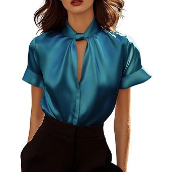 Women's Twist Hollow Neck Satin Blouse, Short Sleeve Business Casual Work Silk Top