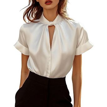 Women's Twist Hollow Neck Satin Blouse, Short Sleeve Business Casual Work Silk Top