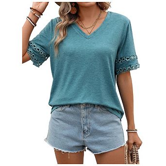 Women's V Neck Eyelet Lace Blouse Short Sleeve Dressy Casual Work Top Shirt