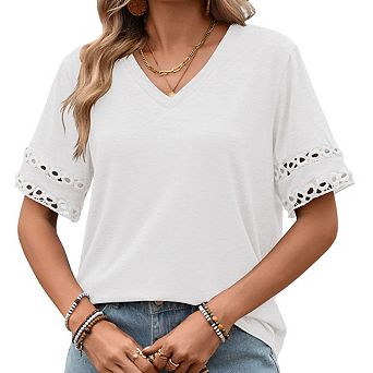 Women's V Neck Eyelet Lace Blouse Short Sleeve Dressy Casual Work Top Shirt