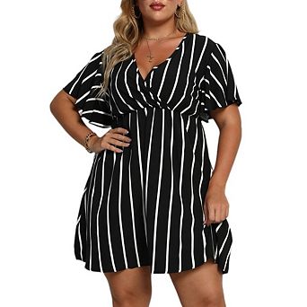 Women's Plus Size V Neck Flutter Short Sleeve Dress Elastic Waist A Line Stripe Mini Dress